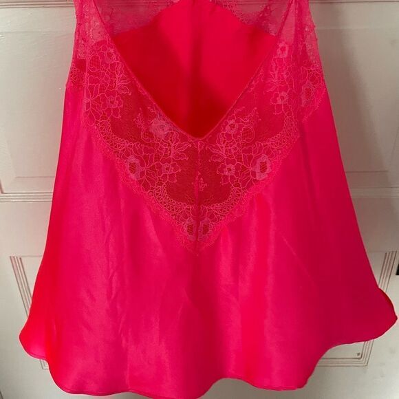 Victorias Secret Satin Lace Plunge Cross Back Slip Size S Hot Pink - Picture 5 of 6